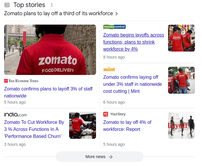 A collage of news stories with headlines that say Zomato is laying off 3-4% of its workforce, and Google's summary at the top reads "Zomato plans to lay off a third of its workforce"
