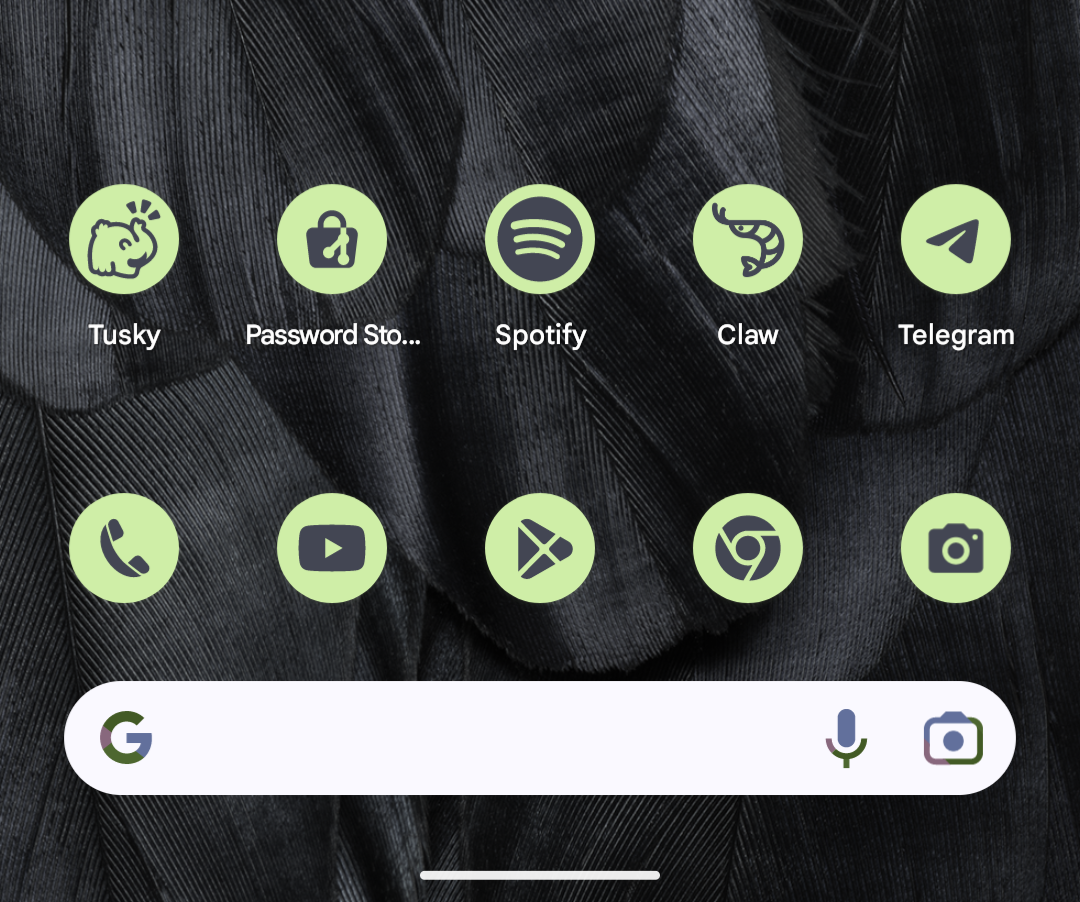 A cropped screenshot of the bottom half of an Android home screen. It shows app icons in a 5 wide grid, all of them drawn in a monochrome palette of gray over a lime green circular background.