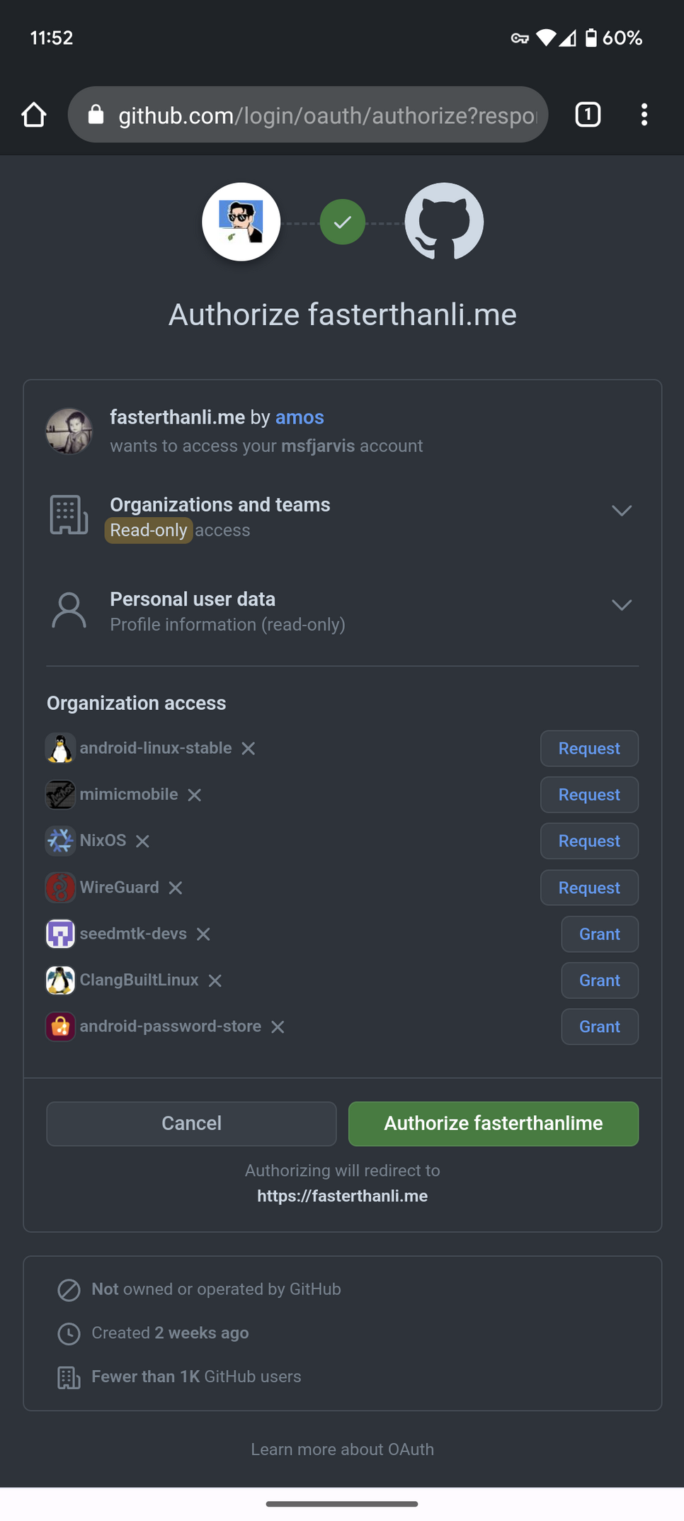 Screenshot of a GitHub OAuth sign-in screen for Amos' website, fasterthanli.me