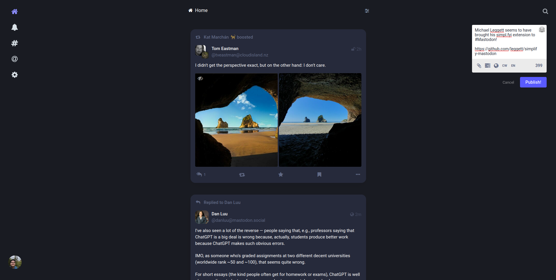 The Mastodon timeline with the Simplify Mastodon extension applied. The home/notification/explore icons have been moved to the left and their labels hidden, the compose and search buttons are now on the right, and the timeline now occupies the space front and center with each toot in a separate card layout that looks quite pleasant.