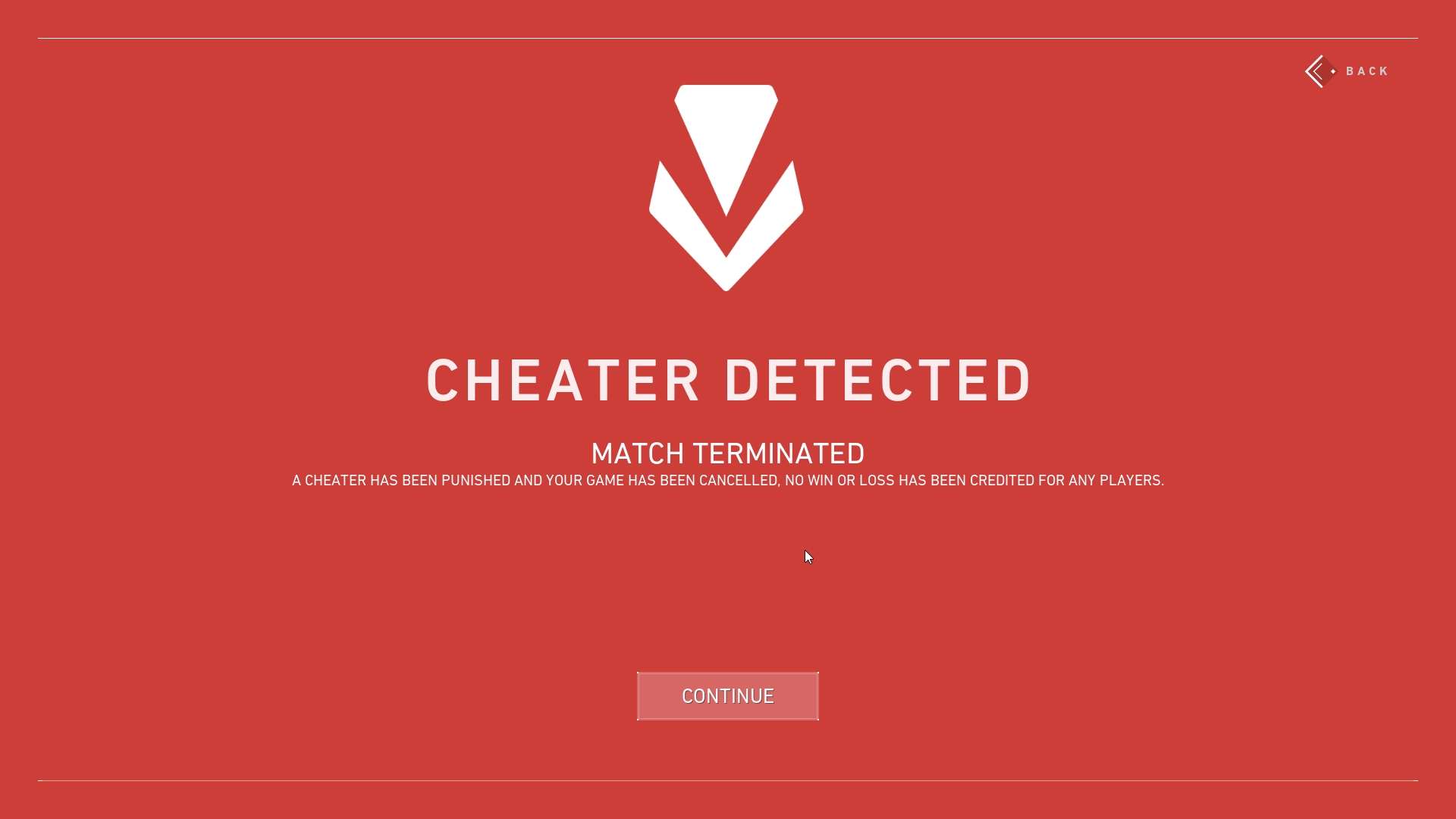 Screenshot from Valorant showing that the match was terminated because a cheater was detected