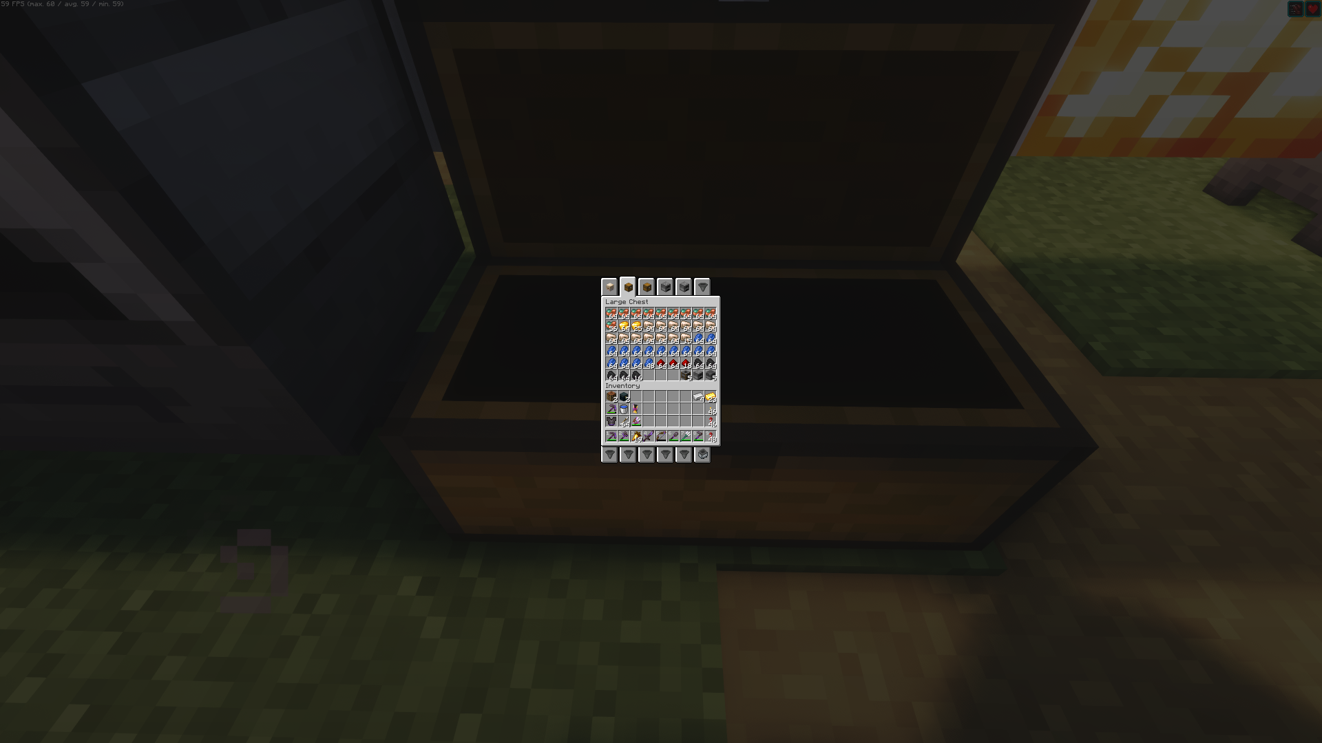 A Minecraft chest full of different raw resources like Copper, Gold, Iron, Lapis, Redstone and Coal.