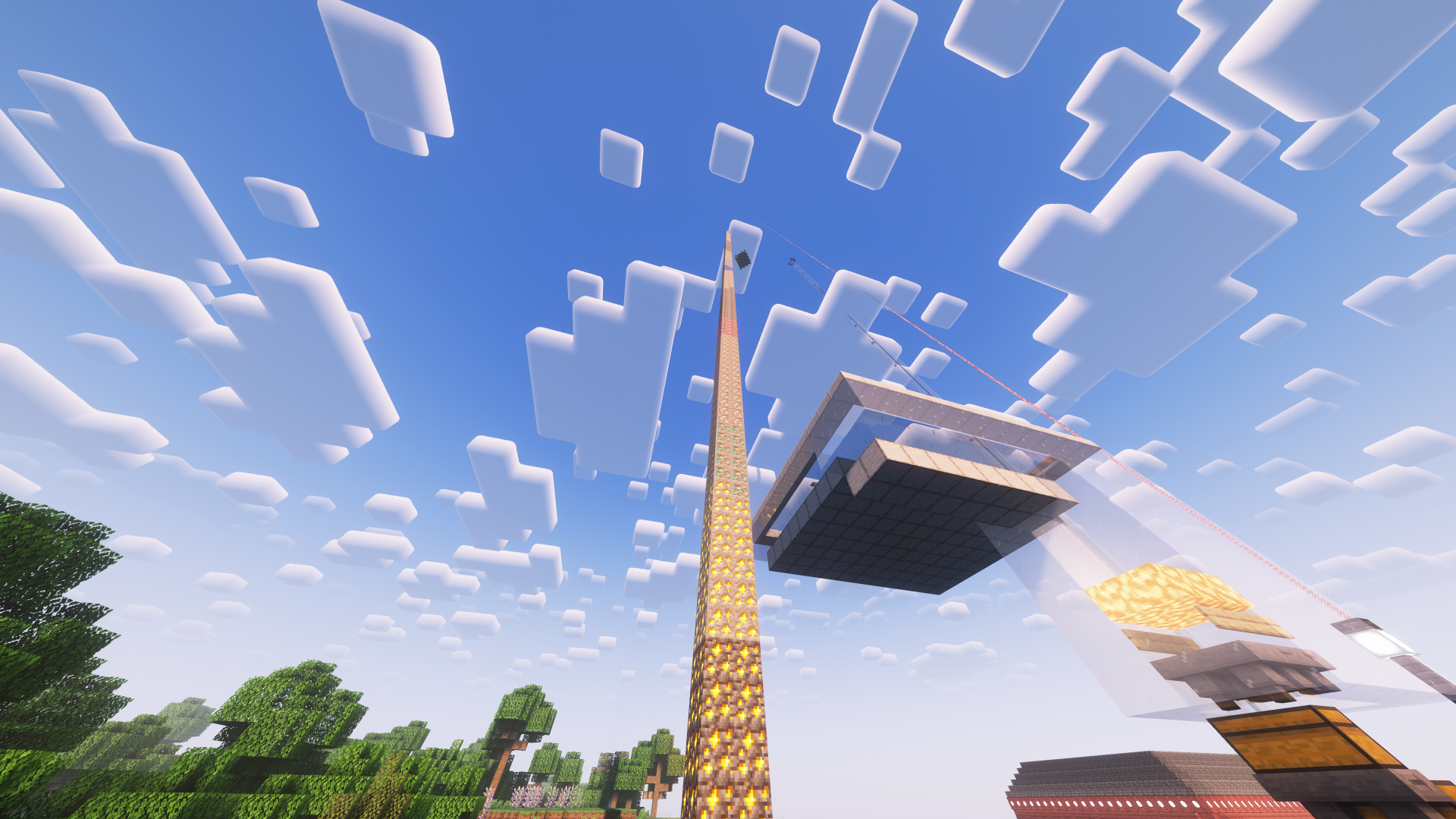 A tall 2 by 2 block tower of a variety of ore blocks extending to about 200 blocks high.