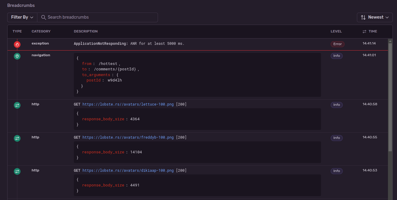 The breadcrumbs view on Sentry, showing a timeline of HTTP requests and navigation events which lead to an Application Not Responding error.