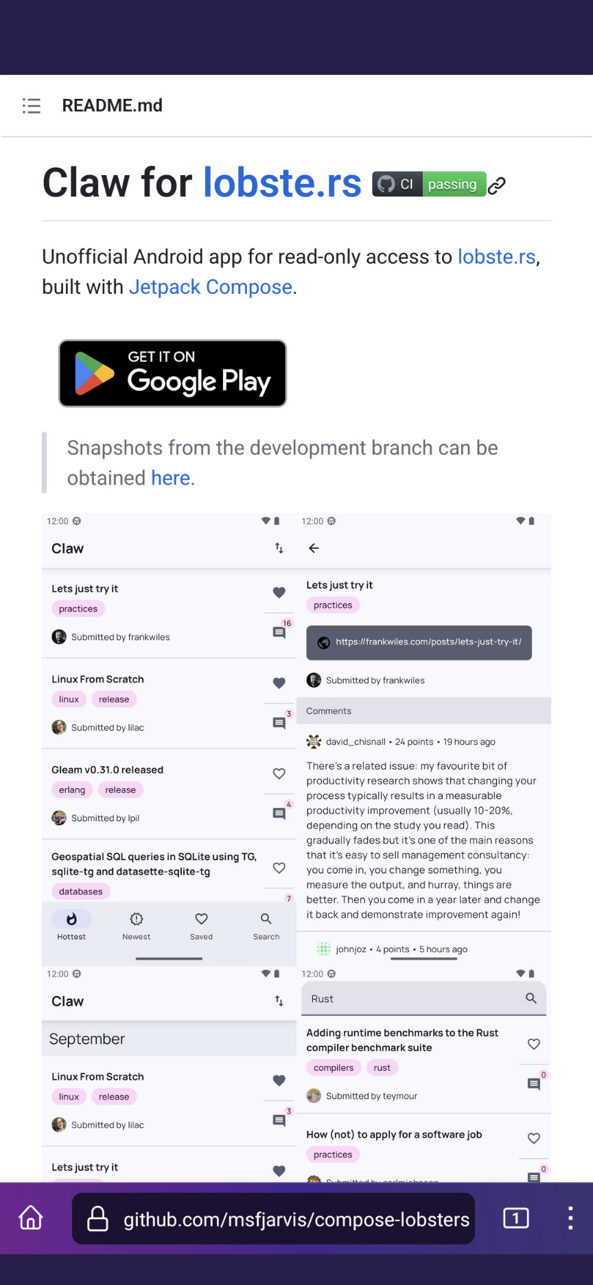 Screenshot of the Claw README in light mode, with a grid of screenshots from the Claw app also in light mode.
