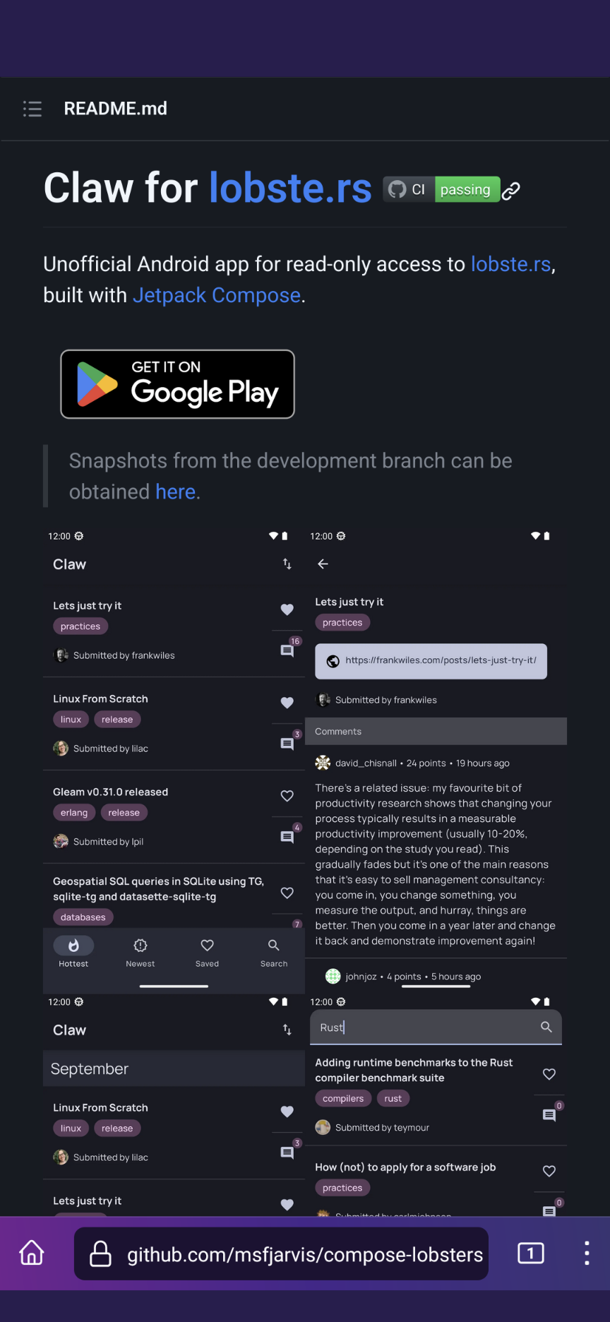 Screenshot of the Claw README in dark mode, with a grid of screenshots from the Claw app also in dark mode.