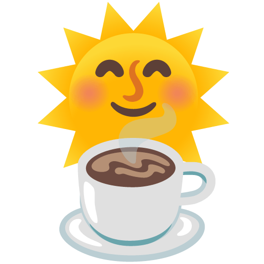 A sun emoji with a steaming cup of hot coffee in front of it, made by Google Emoji Kitchen