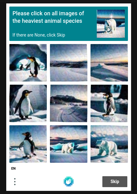 hCaptcha's captcha dialog asking to select the heaviest animal species, with pictures of penguins and polar bears.