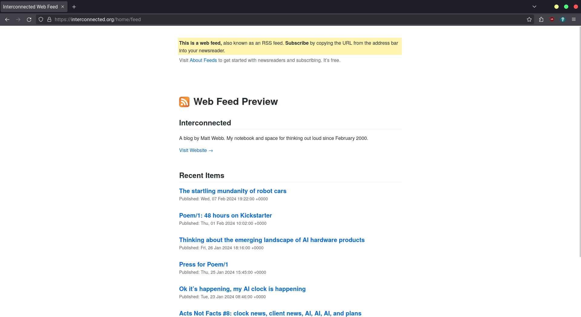 The RSS feed for Matt Webb's website interconnected.org