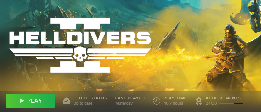 The Steam page for Helldivers 2 showing that I have 46.7 hours in the game and I last played it yesterday
