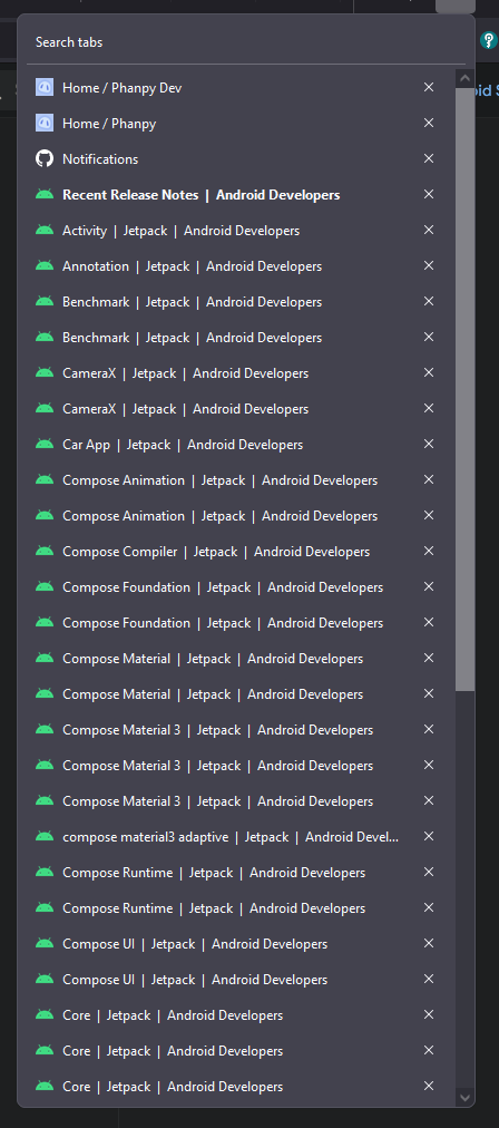 A screenshot of Firefox' tab search view showing a list of AndroidX library releases that spans the full height of my monitor