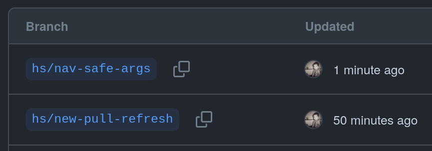 GitHub's branches view showing two branches updated within the past hour for the Navigation Safe Args feature and the updated Material 3 pull refresh APIs.