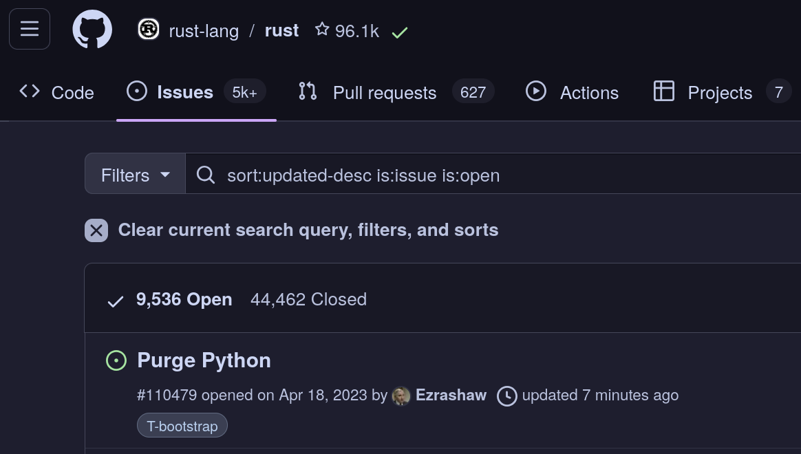 rust-lang/rust GitHub repository's issues tab, showing an issue from 2020 with the title "Purge Python" as the most recently updated one.