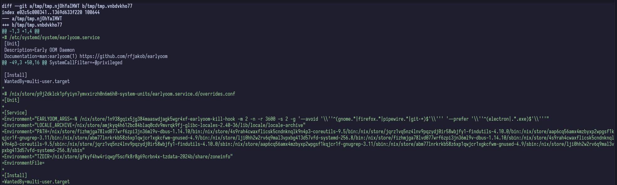 A Git diff of two temporary files containing systemd service definitions. The left hand side was created via `cat /etc/systemd/system/earlyoom.service` and the right hand side was generated by `systemctl cat earlyoom.service`. The diff shows additional Unit and Install configurations at the bottom sourced via an overrides.conf file which contains some environment variables that the service relies on to run which weren't visible in the base file.