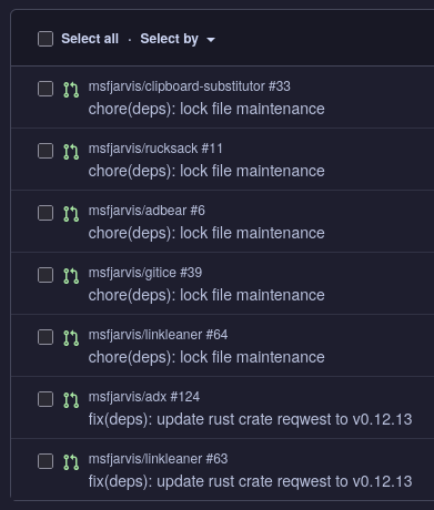 Cropped section from the GitHub notifications showing 7 open PRs updating various dependencies in multiple repos. They're open instead of having been automatically merged because my Nix CI has started failing.