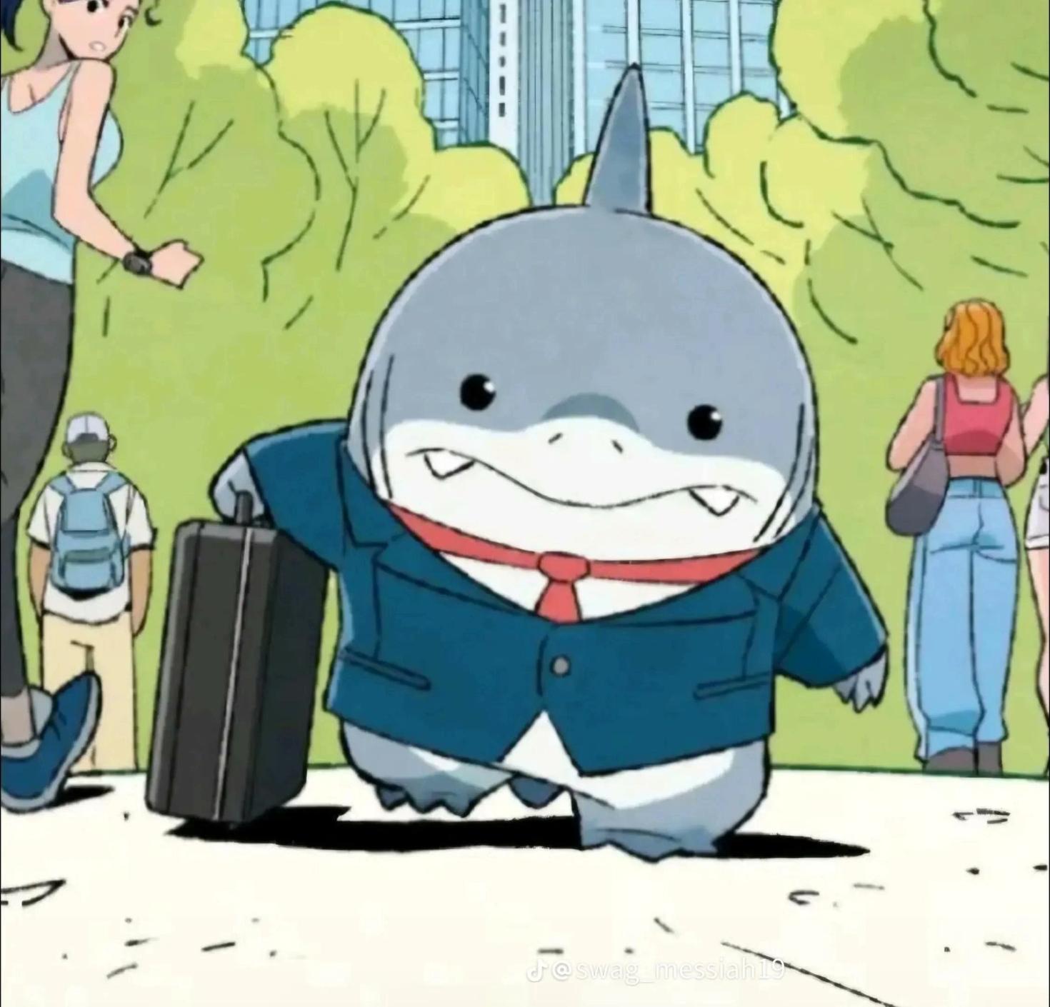 Jeff the land shark in an adorable suit and tie, holding his suitcase as he walks to work looking rather dejected.