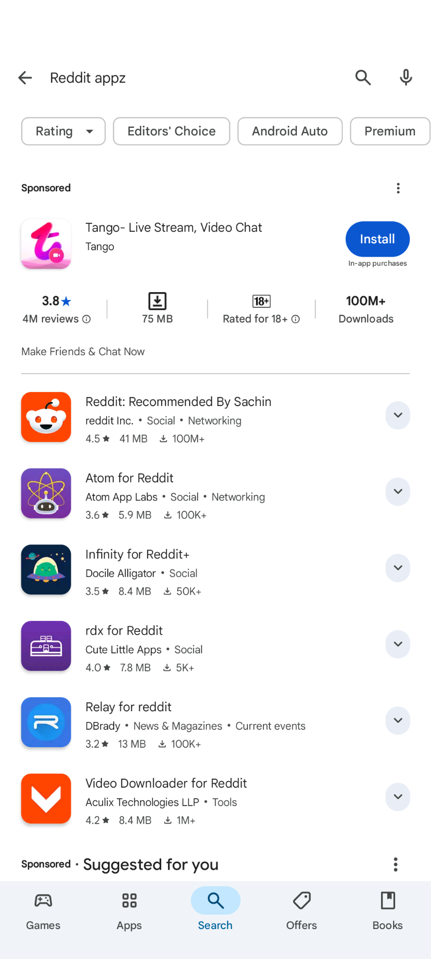 search results for "Reddit appz" on Google Play, this has the same unrelated ad followed by actually good search results that contain the official Reddit app and a bunch of popular 3rd party ones.