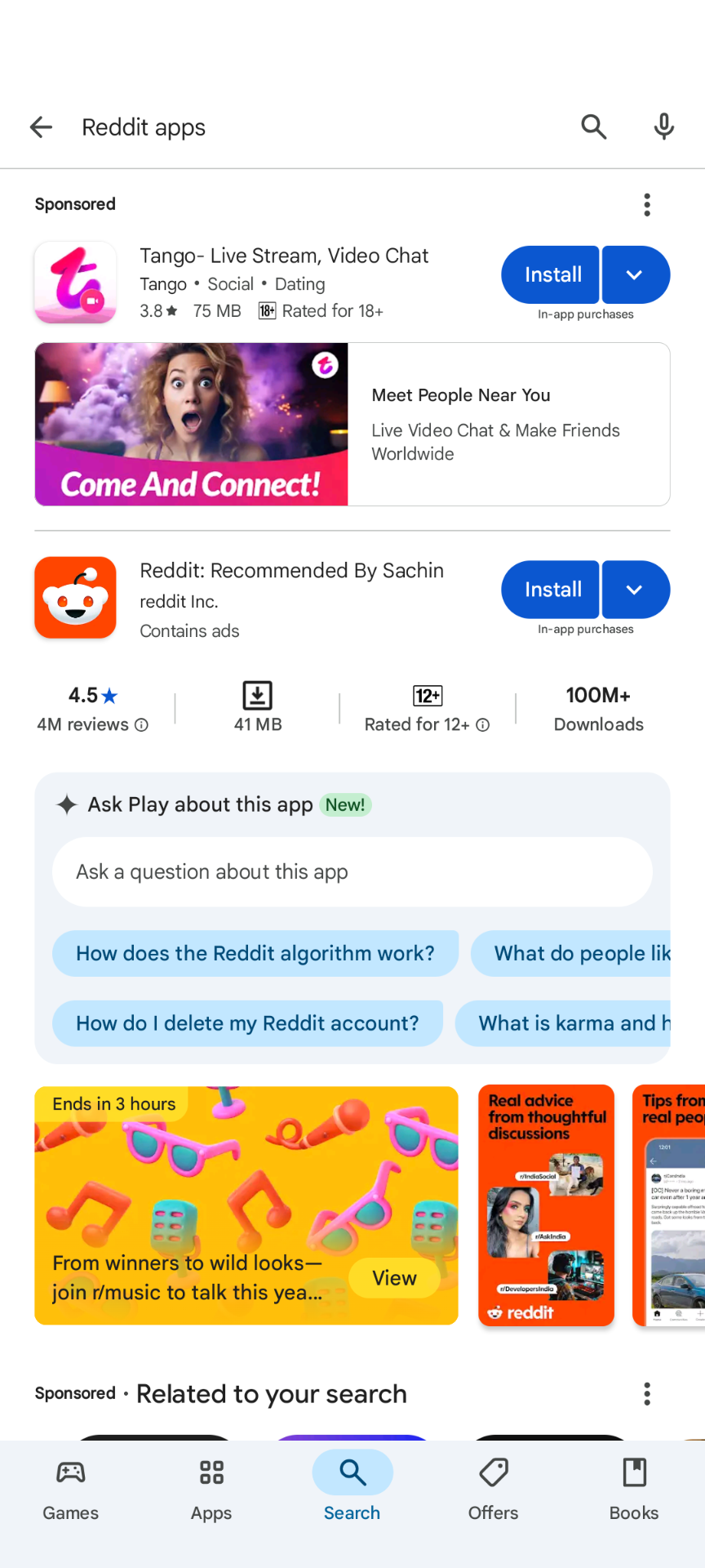 Search results for "Reddit apps" on Google Play, it's got an unrelated add, the official Reddit app, some nonsensical AI generated FAQs and more ads just off screen.
