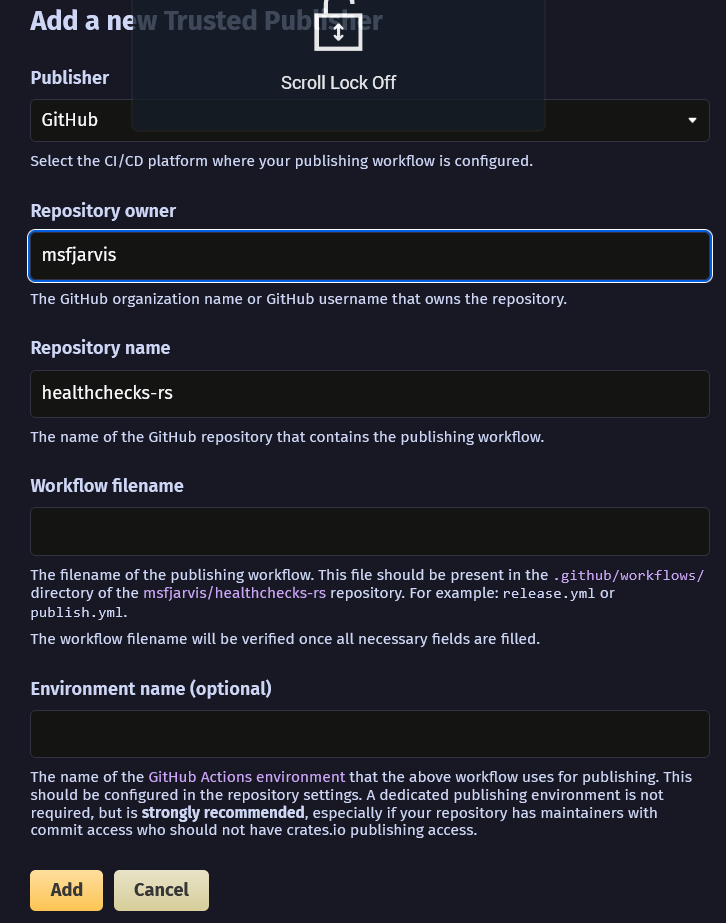 The form for adding a new trusted publisher for a crates.io package. It has fields for publisher, repository owner, repository name, workflow filename and an optional environment name.