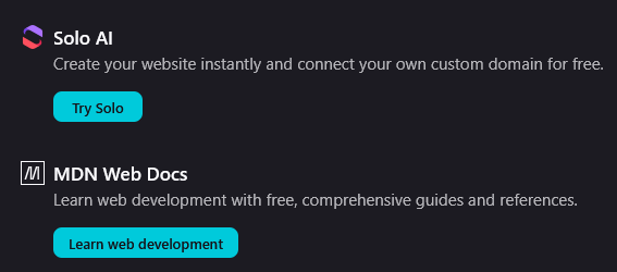 A section from Firefox's "More from Mozilla" page that shows "Solo AI" and "MDN Web Docs" one after the other. The former lets you AI-generate a website, the latter is the gold standard for web platform documentation used by developers to learn how to make websites.