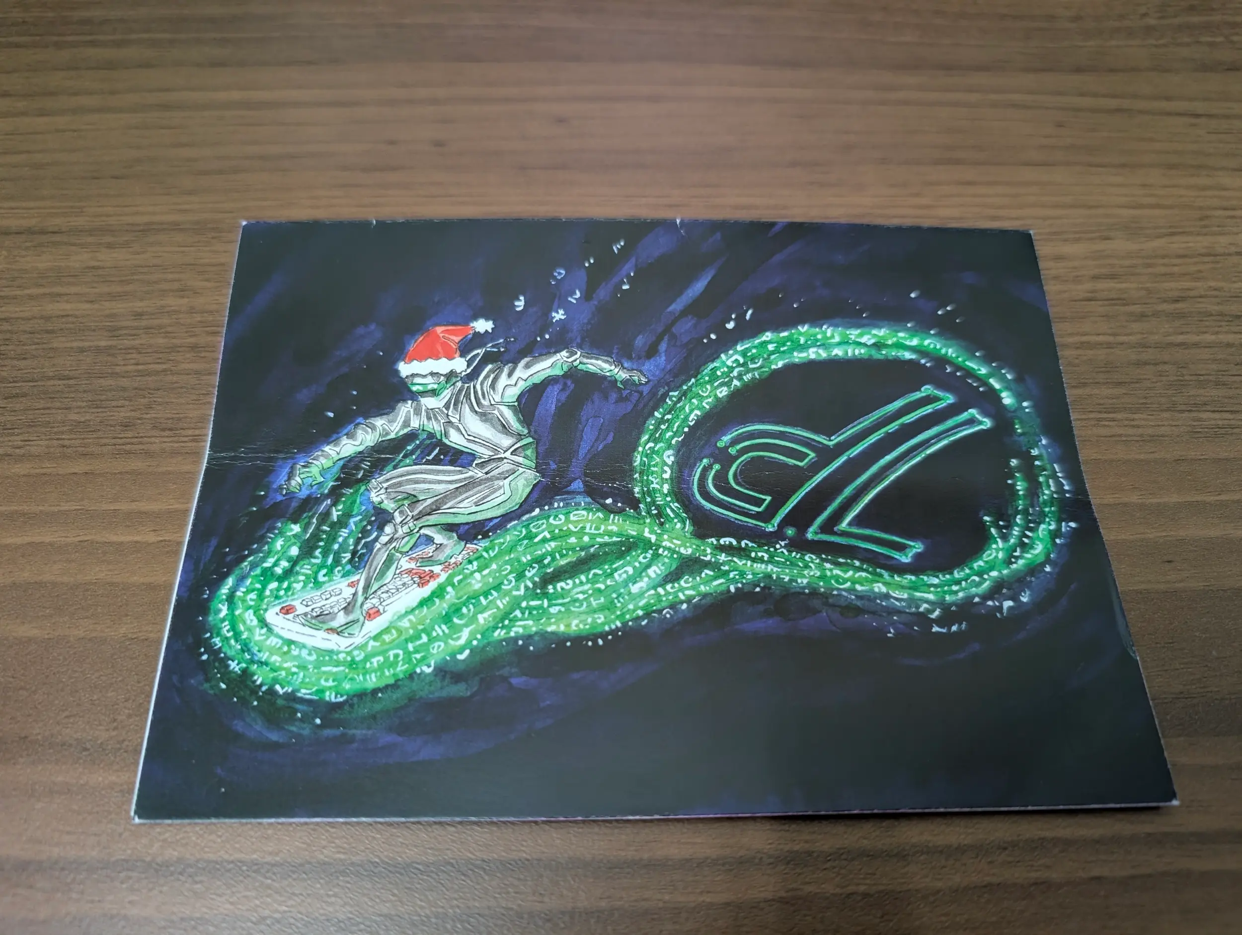 A humanoid robot surfing a keyboard across the cosmos, riding a wave of green with some white hieroglyphs mixed in. In the wake of the surfer are the letters d and L stylized to look like the logo of Neil's law firm, decoded.legal.