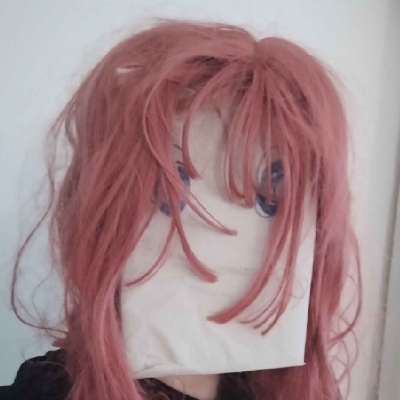 The speaker profile picture for Rust compiler contributor BoxyUwU, its face is covered by a white sheet of paper with large blue eyes drawn on and bright pink hair to top off the look.