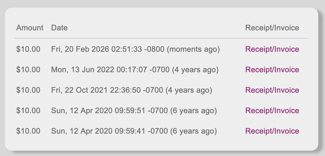 The history of my payments to Purelymail. I've paid 10 USD just now, and the last time I paid them was in 2022. In all I've spent 40 USD for 6 years of email services.