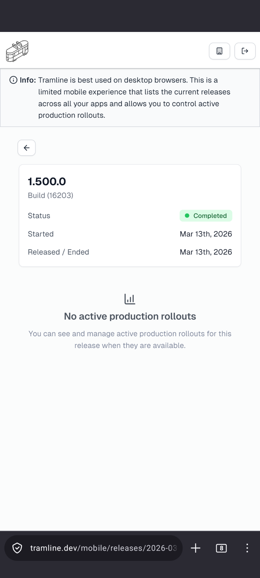Screenshot from the release management platform Tramline, showing version 1.500.0 of my app Claw