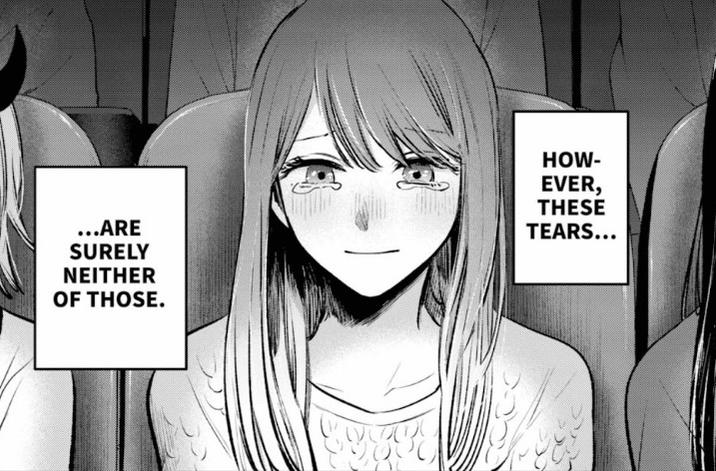 A panel from the Oshi no Ko manga, where the character Akane appears crying while watching the first screening of a documentary. The panel has the caption "this shit is so ass".