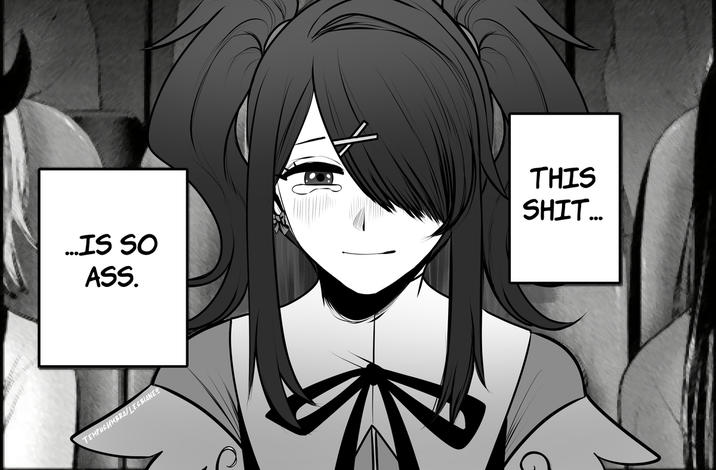A panel from the Oshi no Ko manga with a female character tearing up watching a documentary, but the dialogue is replaced to say "This shit... is so ass".