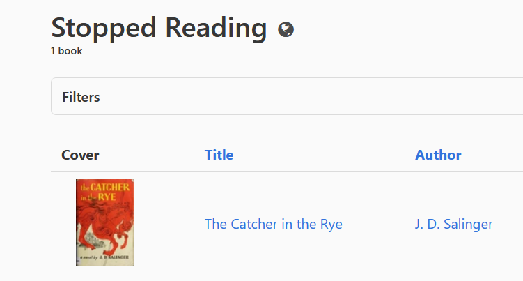 The "Stopped Reading" page of my Bookwyrm profile, with a single entry: The Catcher in the Rye by J D Salinger. I hate this book with a burning passion.